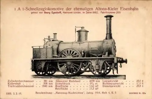 Ak Deutsche Eisenbahn, Schnellzuglokomotive der ehemaligen Altona-Kieler Eisenbahn, Hanomag