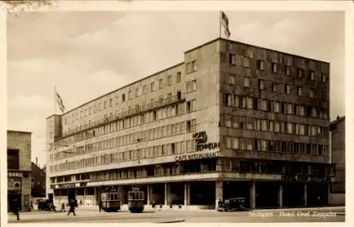 Ak Stuttgart in Württemberg, Hotel Graf Zeppelin, Straßenbahnen