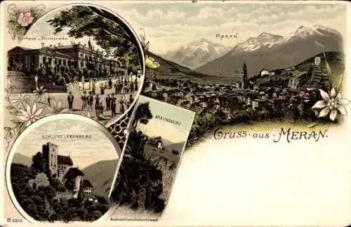 Litho Meran Merano Südtirol, Gesamtansicht, Kurhaus, Promenade, Schloss Lebenberg