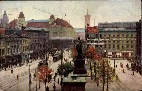 Ak Berlin Mitte, Alexanderplatz, Denkmal, Straßenbahn, Zuschneide Akademie, Geschäft A. Wertheim