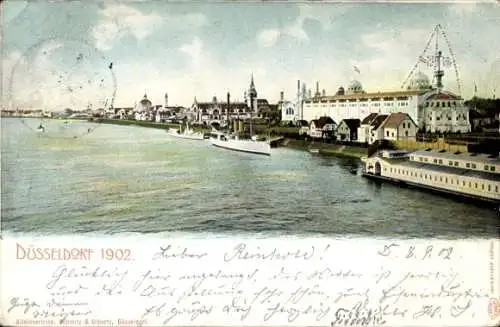 Ak Düsseldorf am Rhein, Industrie und Gewerbeausstellung 1902, Teilansicht vom Wasser aus