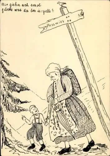 Künstler Ak Frau mit Kind, Wegweiser, Posswies