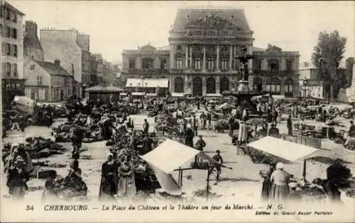 Ak Cherbourg Manche, La Place du Chateau, Le Theatre un jour de Marche