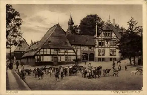Ak Goslar am Harz, Frankenberger-Plan, Brunnen, Ziegen, Fachwerkhäuser