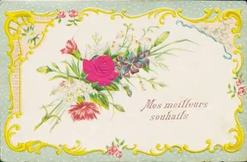 Präge Stoff Litho Kitsch, Blumenstrauß, Rose, Veilchen