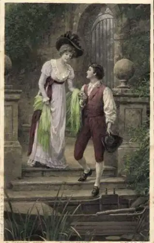 Künstler Ak Mann hilft einer Frau die Treppe hinabzusteigen