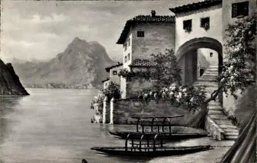 Ak Gandria Lago di Lugano Tessin Schweiz, Motivo del pittore Serafino Glambonini, Boote