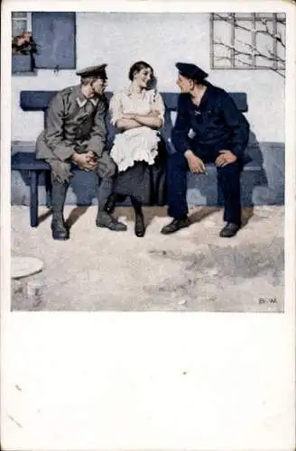 Künstler Ak Wennerberg, Bruno, Geplänkel, Frau mit Soldat und Seemann auf einer Bank