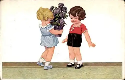 Ak Zwei Kinder mit einer Topfpflanze