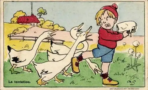 Künstler Ak Weinender Junge, Gänse