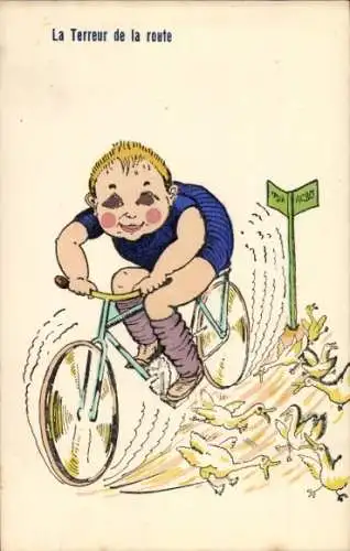 Ak Gänse flüchten vor einem Radfahrer