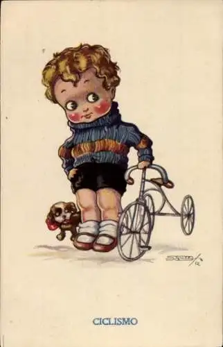 Künstler Ak Junge mit einem Dreirad, Hund