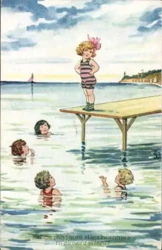 Künstler Ak Scheuermann, Willi, Mädchen im Badeanzug auf einem Steg, Jungen im Wasser