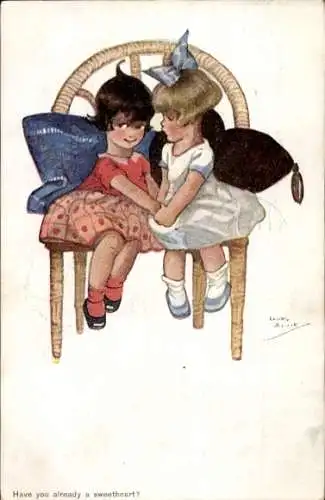 Künstler Ak Spark, Chicky, Zwei Mädchen auf einem Korbstuhl