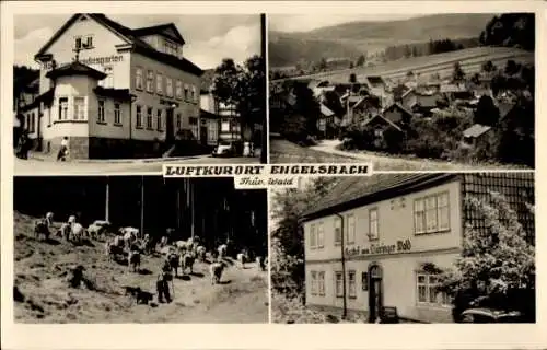 Ak Engelsbach Leinatal Thüringen, Panorama, Kuhherde, Gasthof z. Thüringer Wald