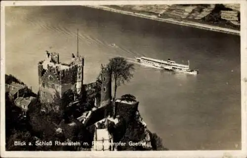Ak Bingen am Rhein, Blick auf Schloss Rheinstein, Dampfer Goethe