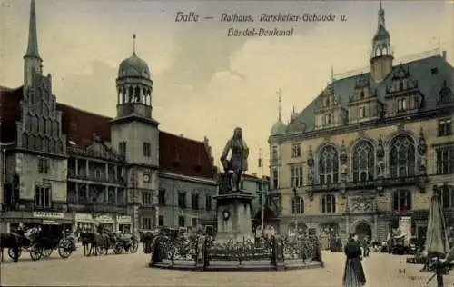 Ak Halle an der Saale, Rathaus, Ratskeller-Gebäude, Händel-Denkmal