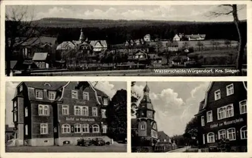 Ak Würgendorf Burbach in Westfalen, Panorama vom Ort, Gasthof zur Wasserscheide, Inh. Fr. Oswald
