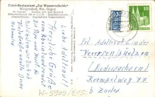 Ak Würgendorf Burbach in Westfalen, Panorama vom Ort, Gasthof zur Wasserscheide, Inh. Fr. Oswald