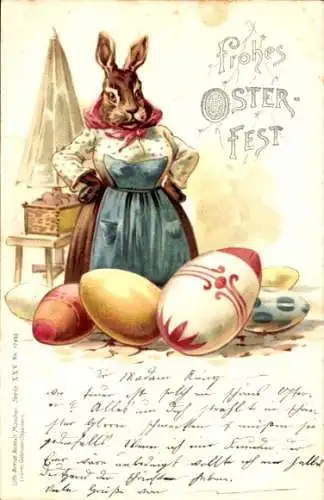 Litho Glückwunsch Ostern, Häsin als Marktfrau, Ostereier