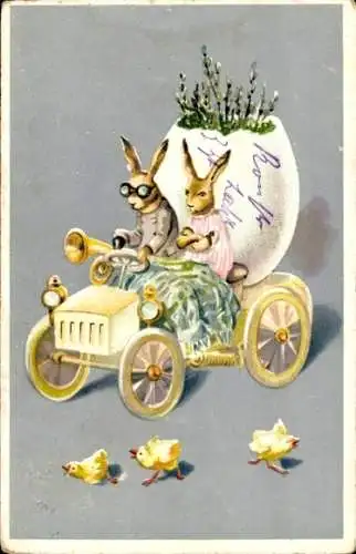 Ak Glückwunsch Ostern, Hasen in einem Automobil, Küken, Ei