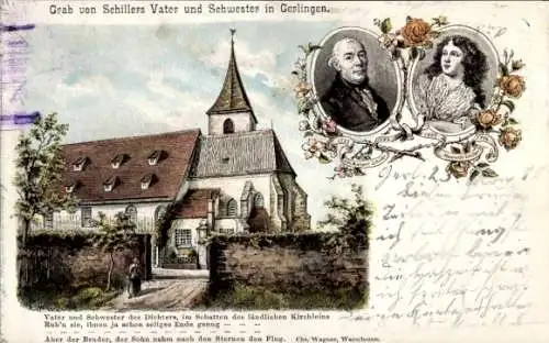 Litho Gerlingen in Württemberg, Kirche, Grab v. Schillers Vater u. Schwester