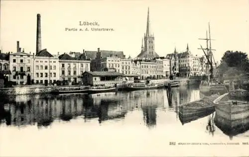 Ak Hansestadt Lübeck, Untertrave, Boote, Kirche