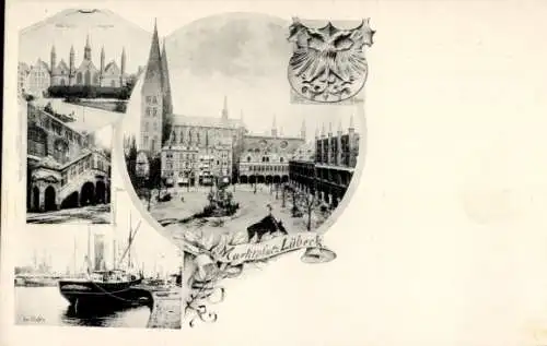 Ak Hansestadt Lübeck, Wappen, Marktplatz, Hafen,