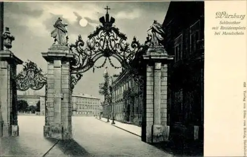 Mondschein Ak Würzburg am Main Unterfranken, Schlosstor, Residenzplatz