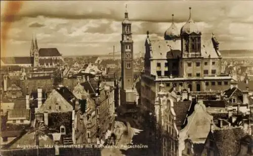 Ak Augsburg in Schwaben, Maximilianstraße, Rathaus, Perlachturm