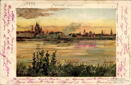 Litho Mainz in Rheinland Pfalz, Totalansicht der Stadt bei Sonnenuntergang, Rheindampfer