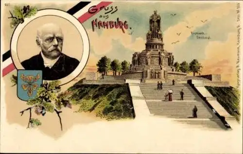 Litho Hamburg, Bismarckdenkmal, Portrait Bismarck, Wappen