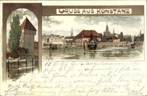 Künstler Litho Mutter, K., Konstanz am Bodensee, Stadtansicht, Turm