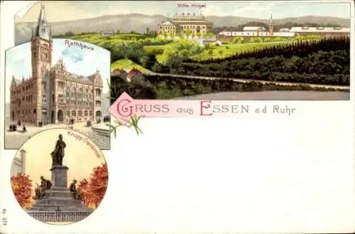 Litho Essen im Ruhrgebiet, Villa Hugel, Rathaus, Krupp Denkmal