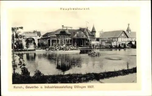 Ak Villingen im Schwarzwald, Kunst-, Gewerbe- u. Industrieausstellung 1907, Hauptrestaurant, Fontäne