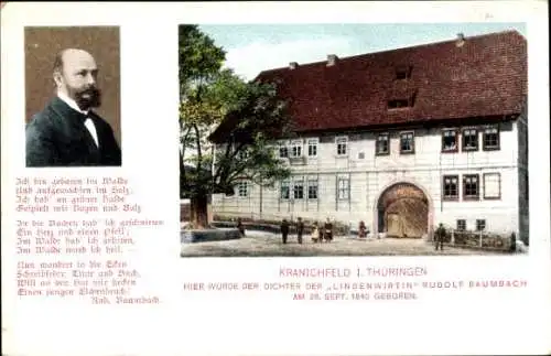 Ak Kranichfeld in Thüringen, Gasthof zum Godesberg, Geburtshaus Rudolf Baumbach, Gedicht