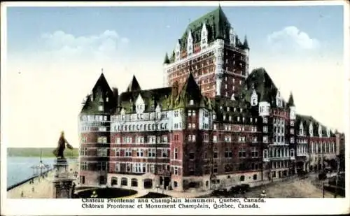Ak Quebec, Kanada, Château Frontenac und Champlain Monument