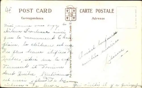 Ak Quebec, Kanada, Château Frontenac und Champlain Monument