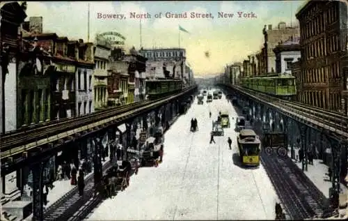 Ak New York City USA, Bowery, nördlich der Grand Street, Straßenbahn