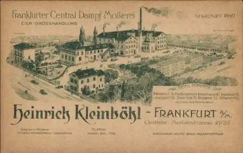 Ak Frankfurt am Main, Frankfurter Central-Dampf-Molkerei, Eier-Großhandlung, Heinrich Kleinböhl