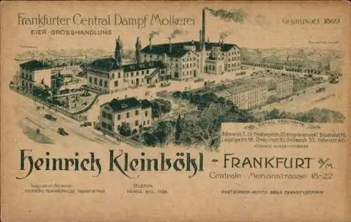 Ak Frankfurt am Main, Frankfurter Central-Dampf-Molkerei, Eier-Großhandlung, Heinrich Kleinböhl