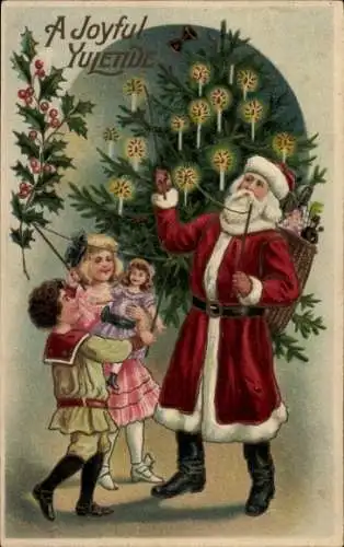 Präge Ak Glückwunsch Weihnachten, Weihnachtsmann, Tannenbaum, Kinder
