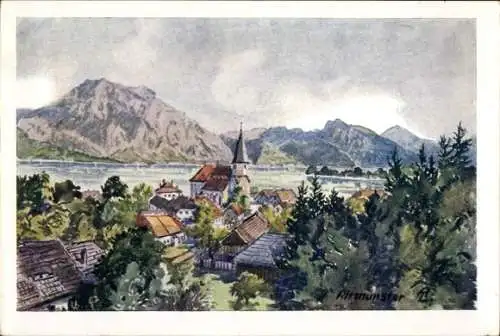 Künstler Ak Lebeda, A., Altmünster am Traunsee Oberösterreich, Gesamtansicht
