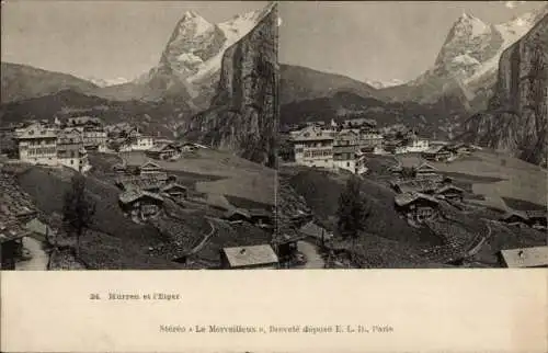 Stereo Ak Mürren Kanton Bern Schweiz, Ort mit Eiger