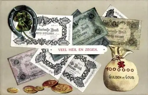 Ak Niederlande, Geldscheine und Münzen, Hufeisen, Kleeblatt