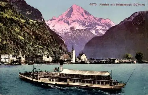 Ak Flüelen Kanton Uri Schweiz, Dampfer Germania, Vierwaldstättersee, Stadtansicht