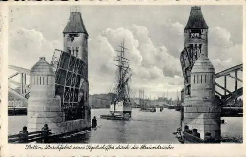 Ak Szczecin Stettin Pommern, Baumbrücke, Segelschiff