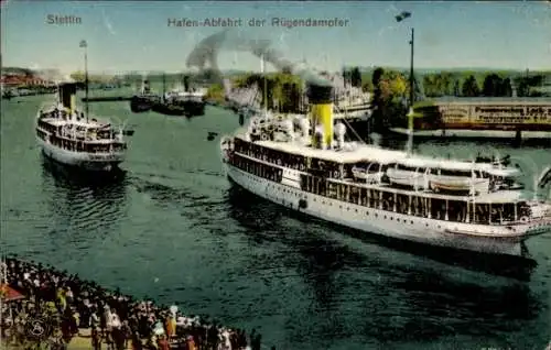 Ak Szczecin Stettin Pommern, Hafen, Abfahrt der Rügendampfer