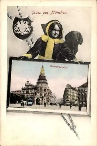 Ak München, Löwenbräukeller, Münchner Kindl, Dackel, Wappen