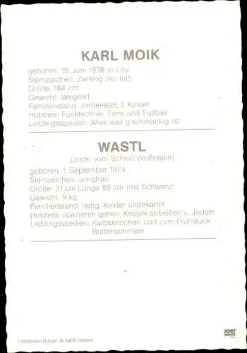 Ak Schauspieler Karl Moik, Portrait mit Wastl, Musikantenstadl, Autogramm